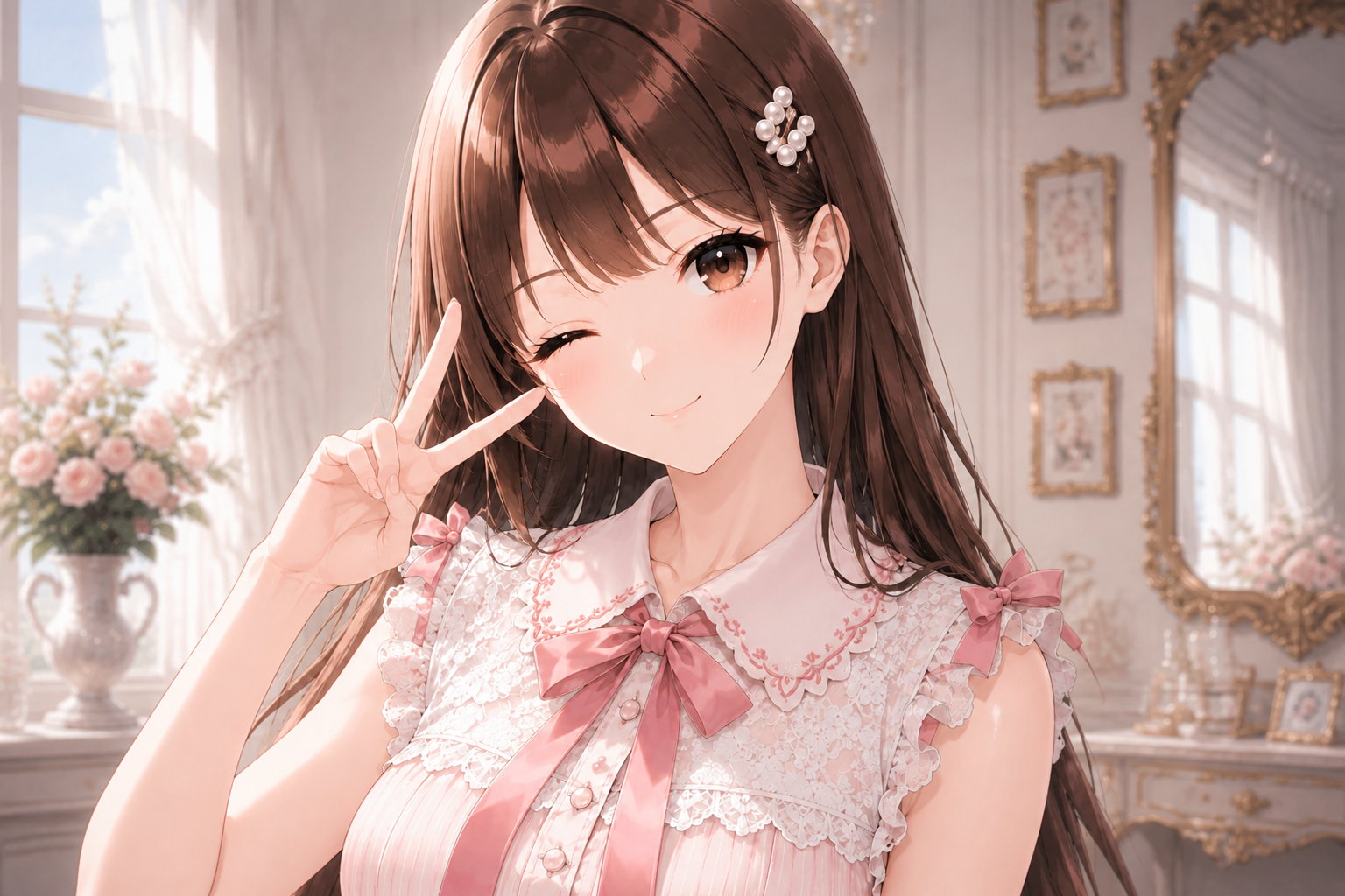 ピンクの衣装でピースサインをする女性のAIイラスト