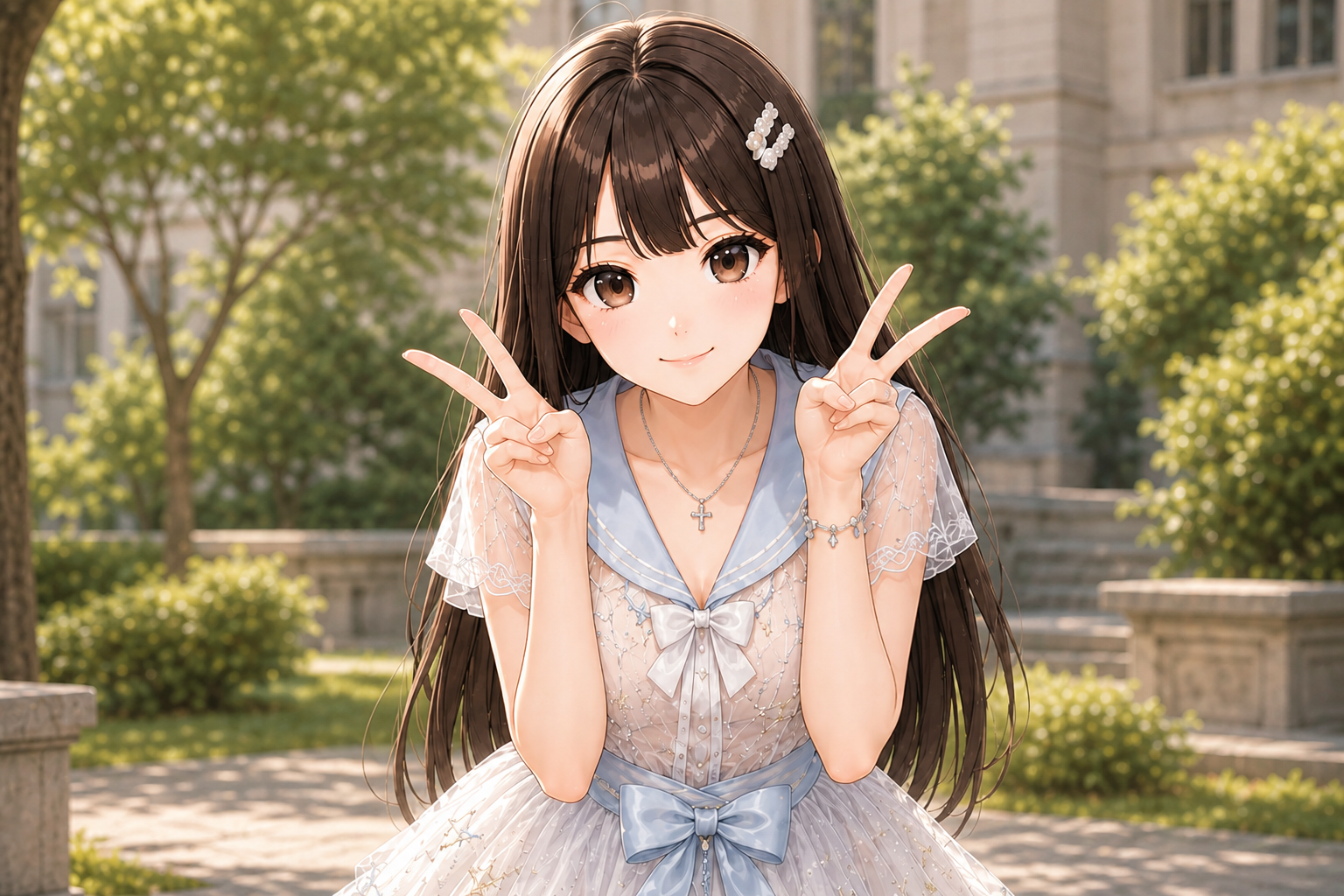 淡いブルーの衣装でピースサインをする女性のAIイラスト
