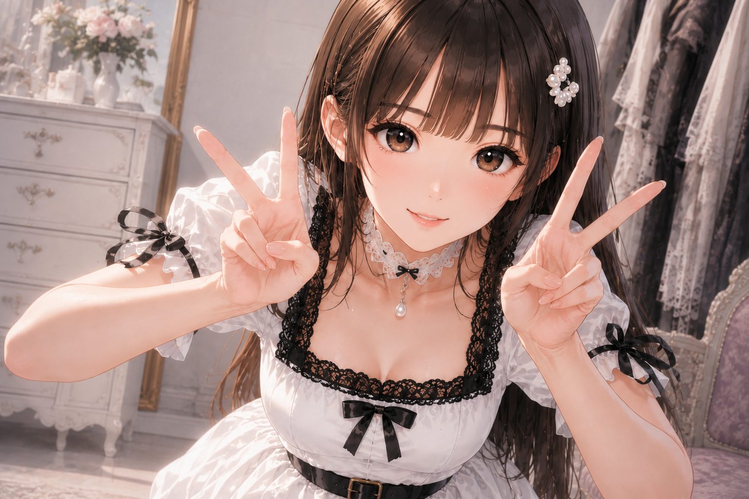白と黒の衣装でピースサインをする女性のAIイラスト