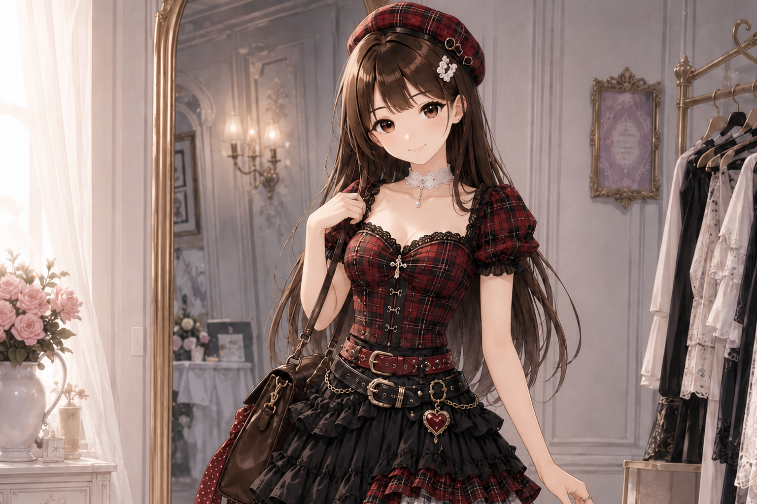 赤と黒のロリータ衣装を着た女性のAIイラスト
