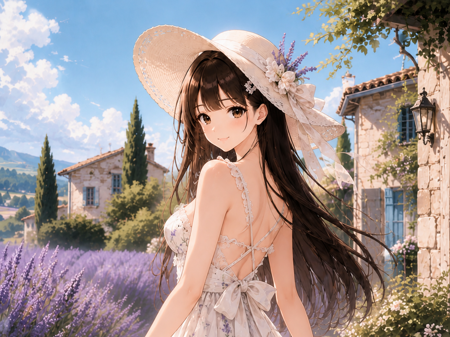 庭園を背景にした女性のAIイラスト