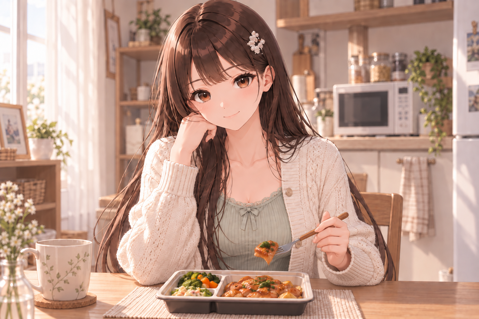 温めた食事を楽しむ詩織のイメージイラスト