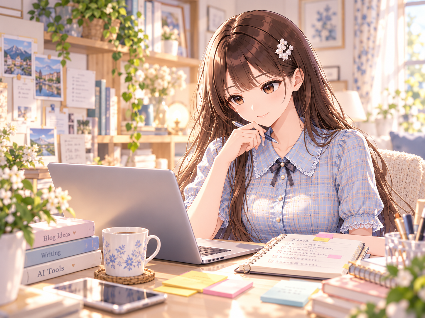 パソコンとノートを前にブログの文章を考える詩織のイラスト